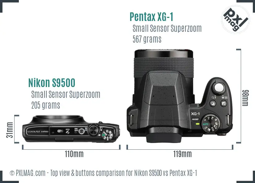 Nikon S9500 vs Pentax XG-1 top view buttons comparison