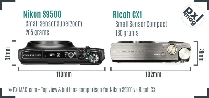 Nikon S9500 vs Ricoh CX1 top view buttons comparison Nikon S9500 vs Ricoh CX1 top view buttons comparison