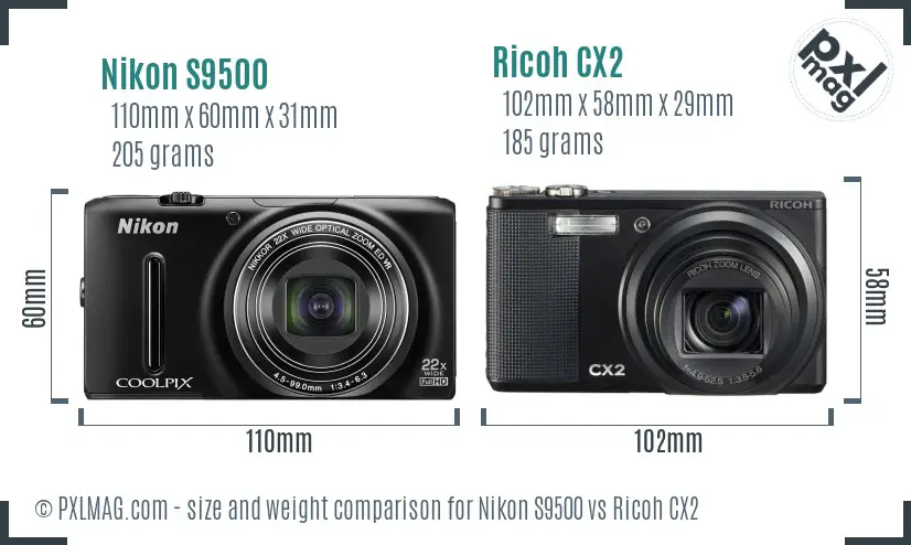 Nikon S9500 vs Ricoh CX2 size comparison
