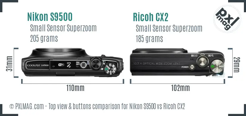 Nikon S9500 vs Ricoh CX2 top view buttons comparison