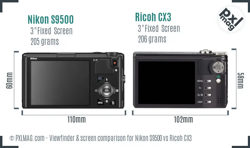 Nikon S9500 vs Ricoh CX3 Screen and Viewfinder comparison