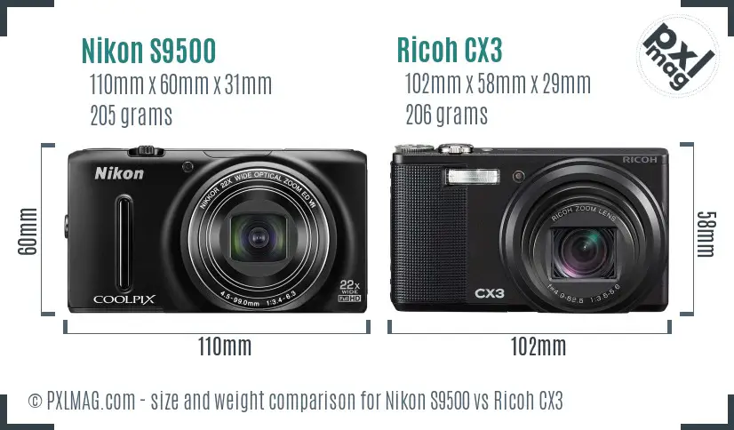 Nikon S9500 vs Ricoh CX3 size comparison