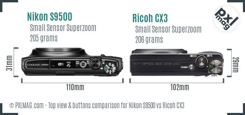 Nikon S9500 vs Ricoh CX3 top view buttons comparison