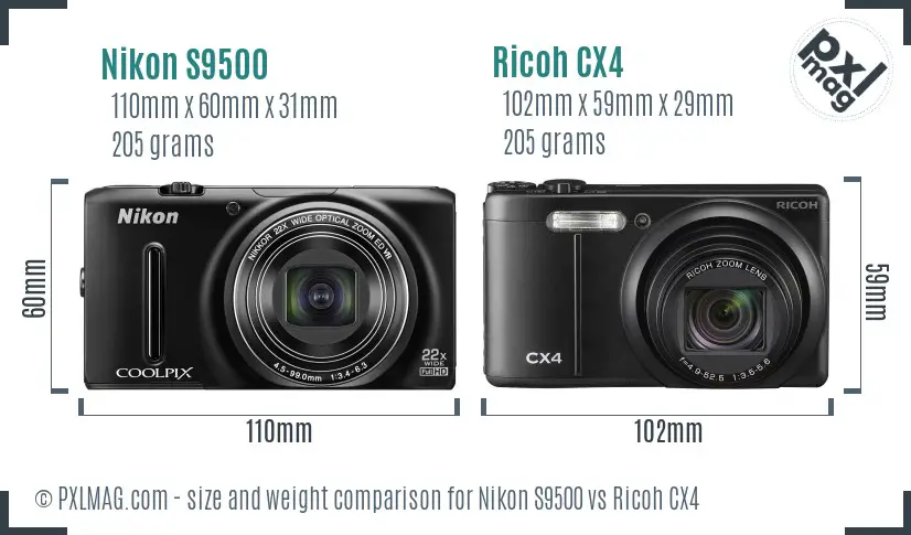 Nikon S9500 vs Ricoh CX4 size comparison Nikon S9500 vs Ricoh CX4 size comparison