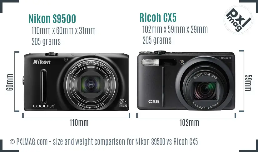 Nikon S9500 vs Ricoh CX5 Physical Size Comparison