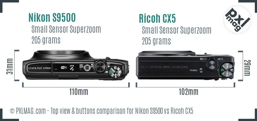Top View Design and Control Layout – Nikon S9500 vs Ricoh CX5
