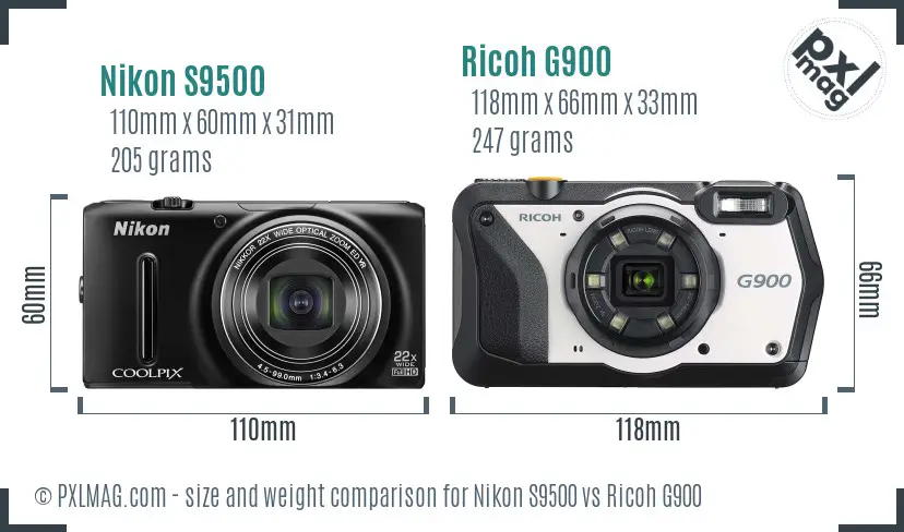 Nikon S9500 vs Ricoh G900 size comparison