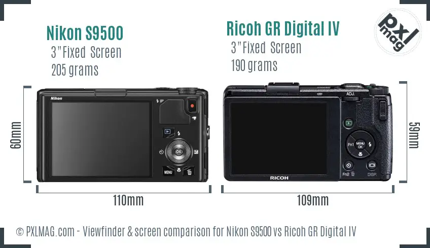 Nikon S9500 vs Ricoh GR Digital IV Screen and Viewfinder comparison