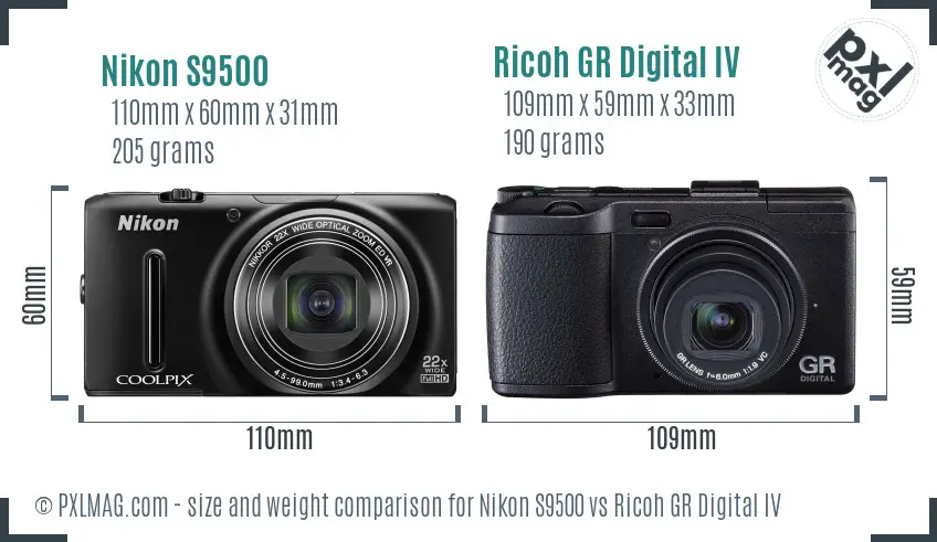 Nikon S9500 vs Ricoh GR Digital IV size comparison