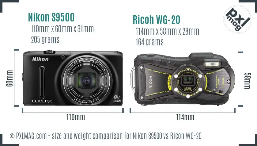 Nikon S9500 vs Ricoh WG-20 size comparison