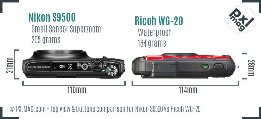 Nikon S9500 vs Ricoh WG-20 top view buttons comparison