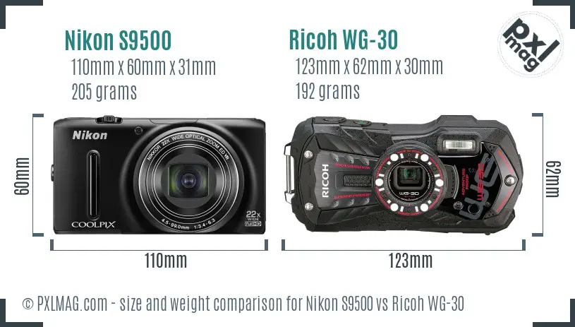 Nikon S9500 vs Ricoh WG-30 size comparison