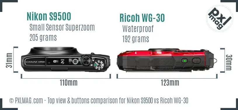 Nikon S9500 vs Ricoh WG-30 top view buttons comparison