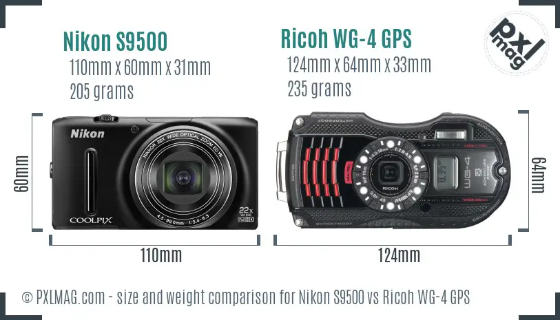 Nikon S9500 vs Ricoh WG-4 GPS size comparison Nikon S9500 vs Ricoh WG-4 GPS size comparison