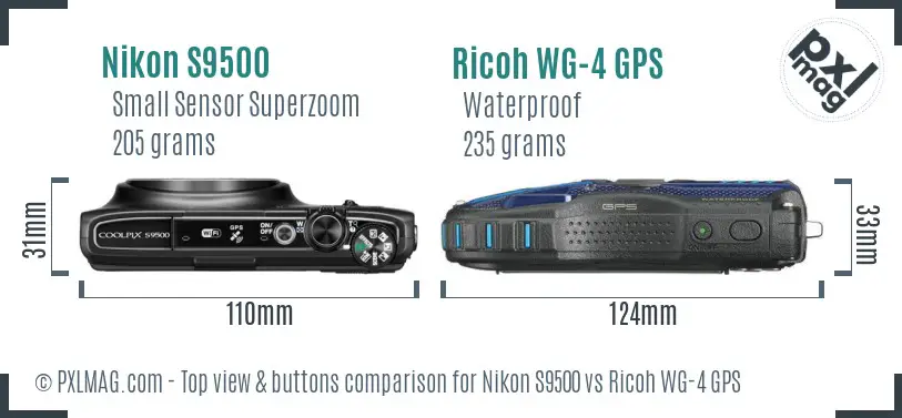 Nikon S9500 vs Ricoh WG-4 GPS top view buttons comparison Nikon S9500 vs Ricoh WG-4 GPS top view buttons comparison