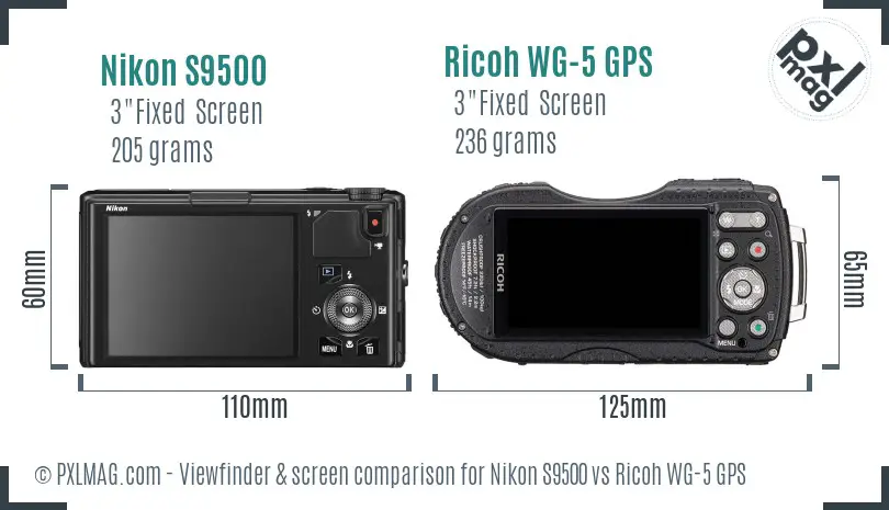 Nikon S9500 vs Ricoh WG-5 GPS Screen and Viewfinder comparison