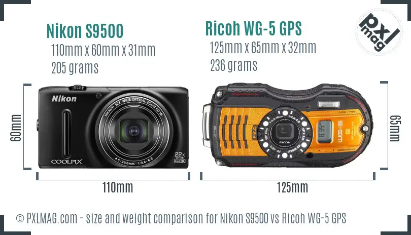 Nikon S9500 vs Ricoh WG-5 GPS size comparison