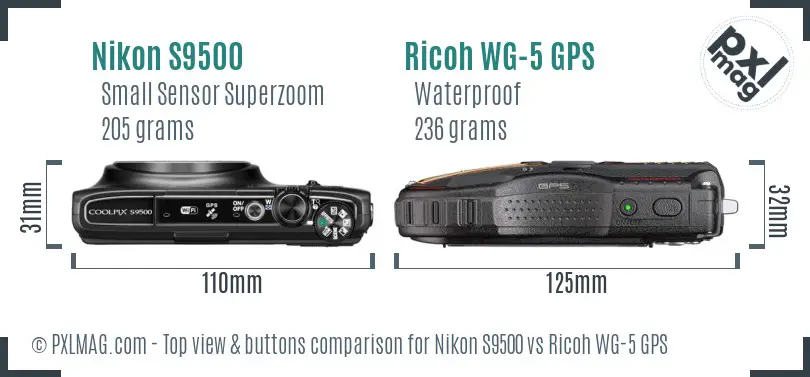 Nikon S9500 vs Ricoh WG-5 GPS top view buttons comparison