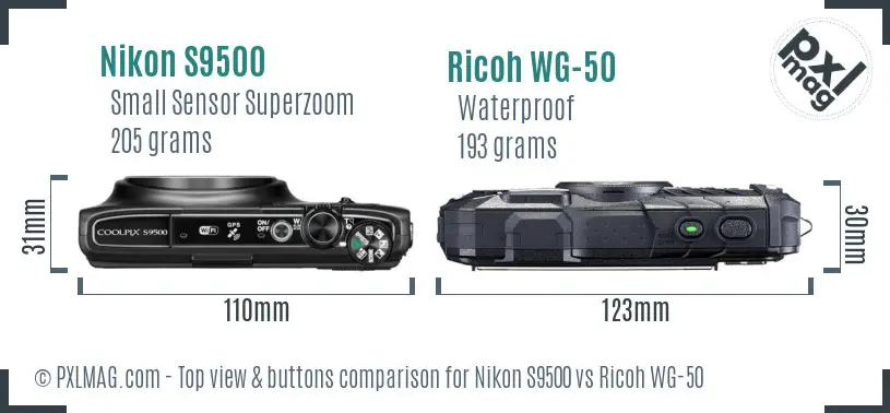 Nikon S9500 vs Ricoh WG-50 top view buttons comparison Nikon S9500 vs Ricoh WG-50 top view buttons comparison