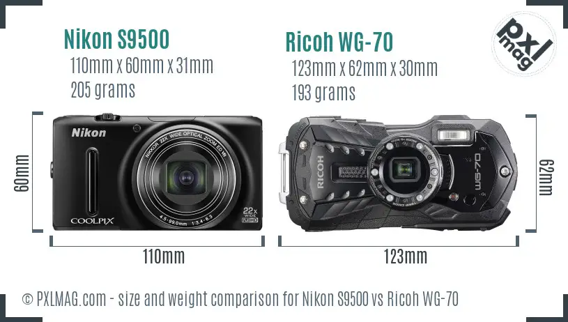Nikon S9500 vs Ricoh WG-70 size comparison