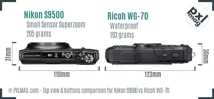 Nikon S9500 vs Ricoh WG-70 top view buttons comparison