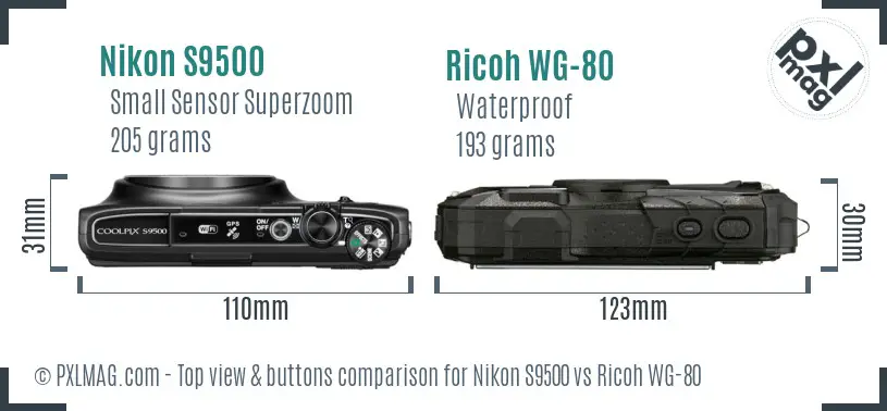 Nikon S9500 vs Ricoh WG-80 top view buttons comparison