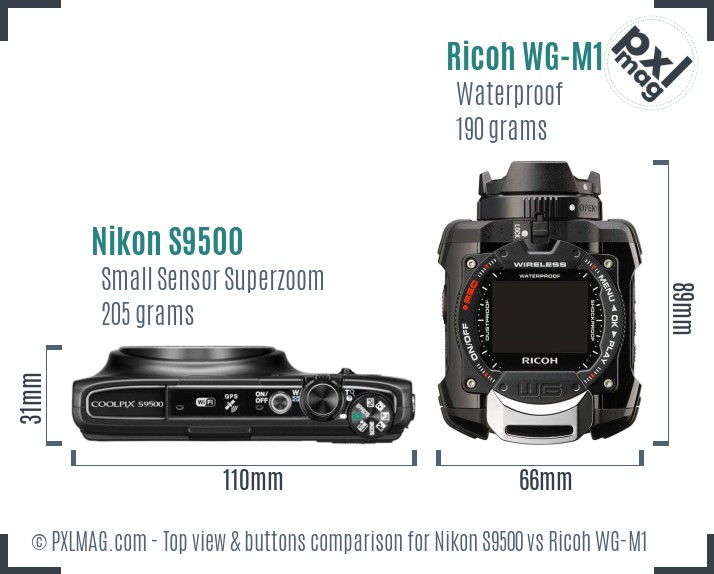 Nikon S9500 vs Ricoh WG-M1 top view buttons comparison