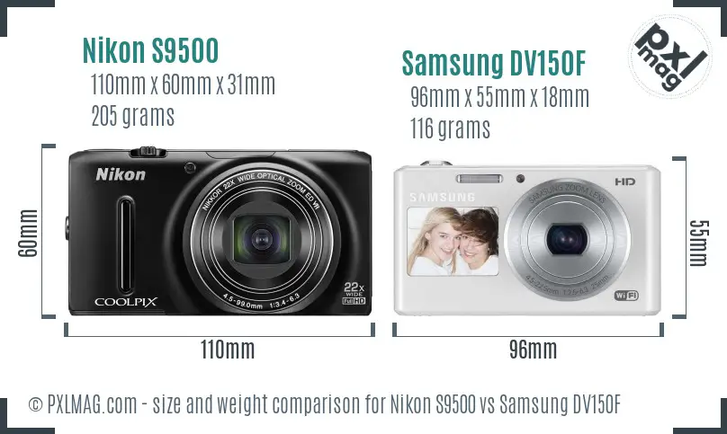 Nikon S9500 vs Samsung DV150F size comparison