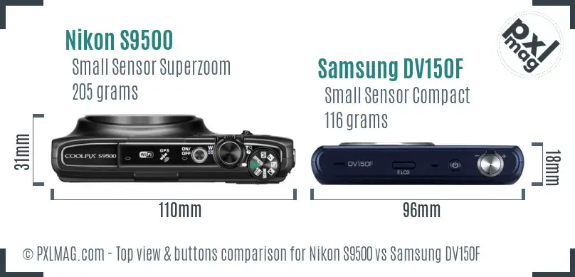 Nikon S9500 vs Samsung DV150F top view buttons comparison