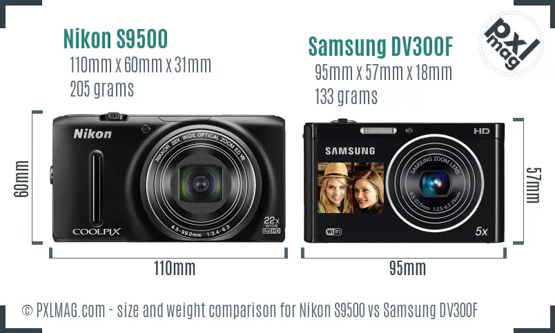 Nikon S9500 vs Samsung DV300F size comparison