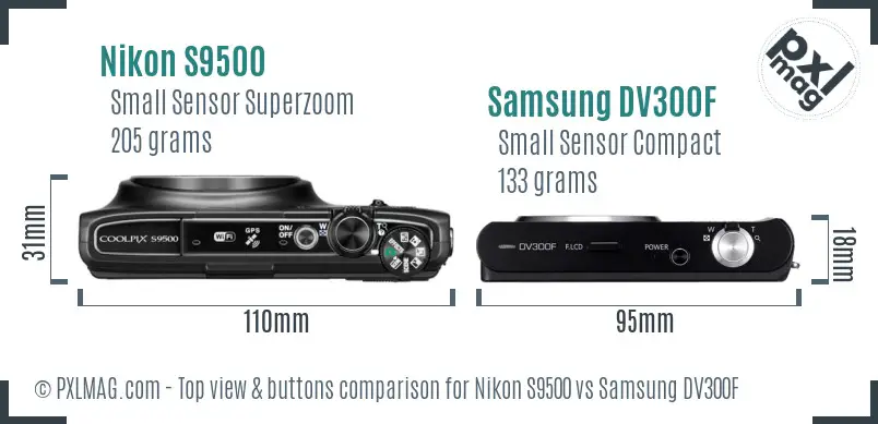 Nikon S9500 vs Samsung DV300F top view buttons comparison