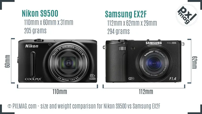 Nikon S9500 vs Samsung EX2F size comparison