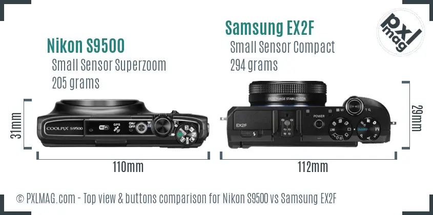 Nikon S9500 vs Samsung EX2F top view buttons comparison