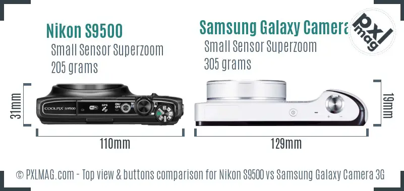 Nikon S9500 vs Samsung Galaxy Camera 3G top view buttons comparison Nikon S9500 vs Samsung Galaxy Camera 3G top view buttons comparison