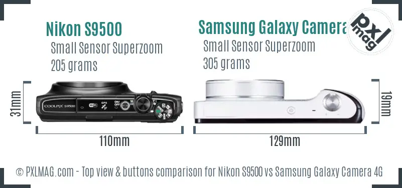 Nikon S9500 vs Samsung Galaxy Camera 4G top view buttons comparison Nikon S9500 vs Samsung Galaxy Camera 4G top view buttons comparison