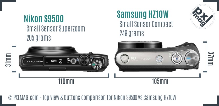 Nikon S9500 vs Samsung HZ10W top view buttons comparison