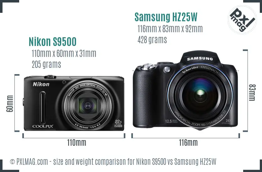Nikon S9500 vs Samsung HZ25W size comparison Nikon S9500 vs Samsung HZ25W size comparison