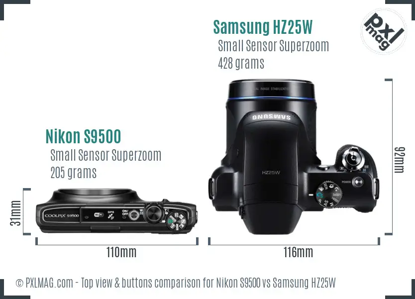 Nikon S9500 vs Samsung HZ25W top view buttons comparison Nikon S9500 vs Samsung HZ25W top view buttons comparison