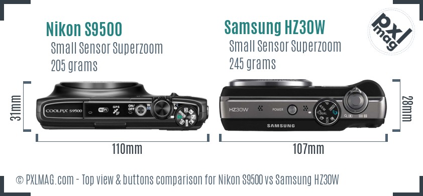 Nikon S9500 vs Samsung HZ30W top view buttons comparison