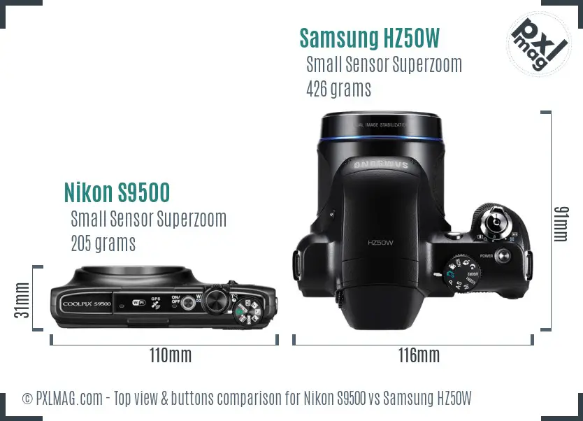 Nikon S9500 vs Samsung HZ50W top view buttons comparison