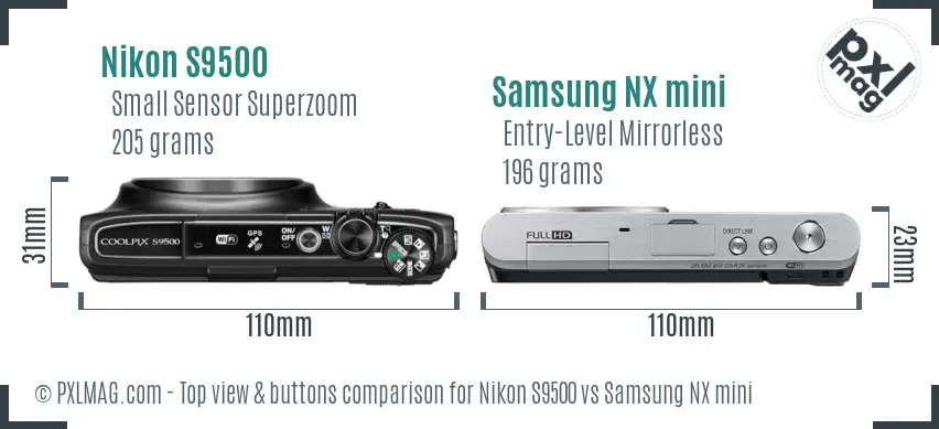 Nikon S9500 vs Samsung NX mini top view buttons comparison Nikon S9500 vs Samsung NX mini top view buttons comparison