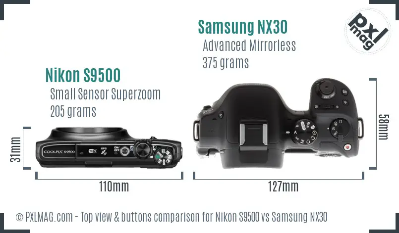 Nikon S9500 vs Samsung NX30 top view buttons comparison Nikon S9500 vs Samsung NX30 top view buttons comparison