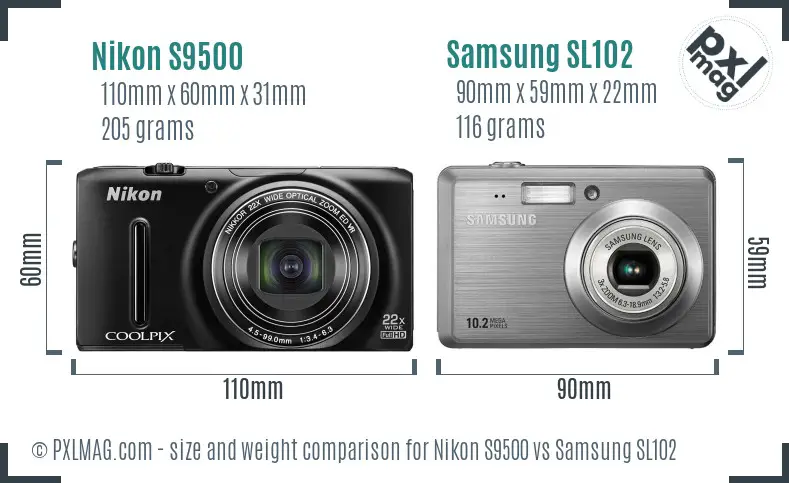 Nikon S9500 vs Samsung SL102 size comparison