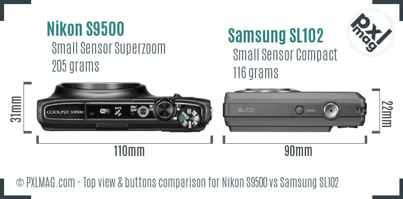 Nikon S9500 vs Samsung SL102 top view buttons comparison