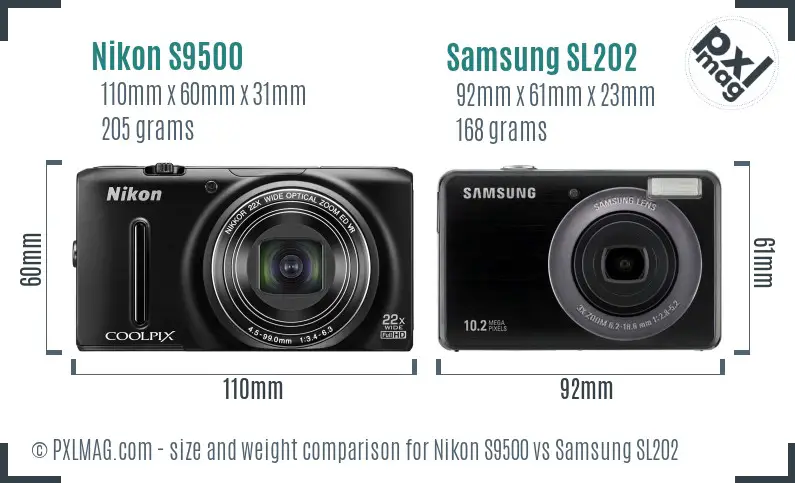 Nikon S9500 vs Samsung SL202 size comparison