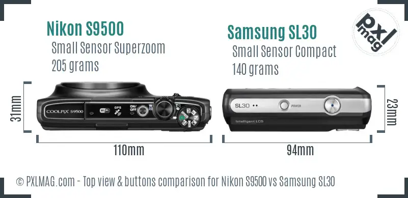 Nikon S9500 vs Samsung SL30 top view buttons comparison Nikon S9500 vs Samsung SL30 top view buttons comparison