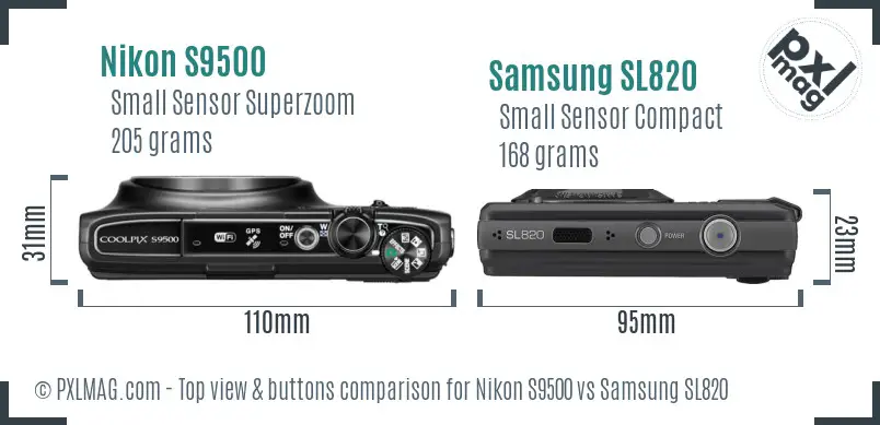 Nikon S9500 vs Samsung SL820 top view buttons comparison Nikon S9500 vs Samsung SL820 top view buttons comparison