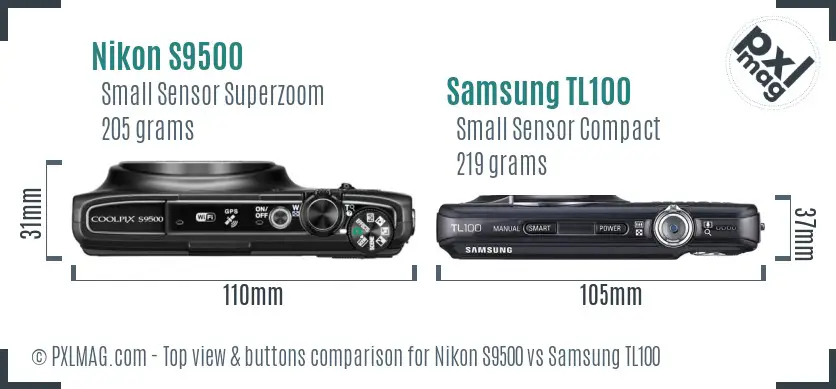 Nikon S9500 vs Samsung TL100 top view buttons comparison