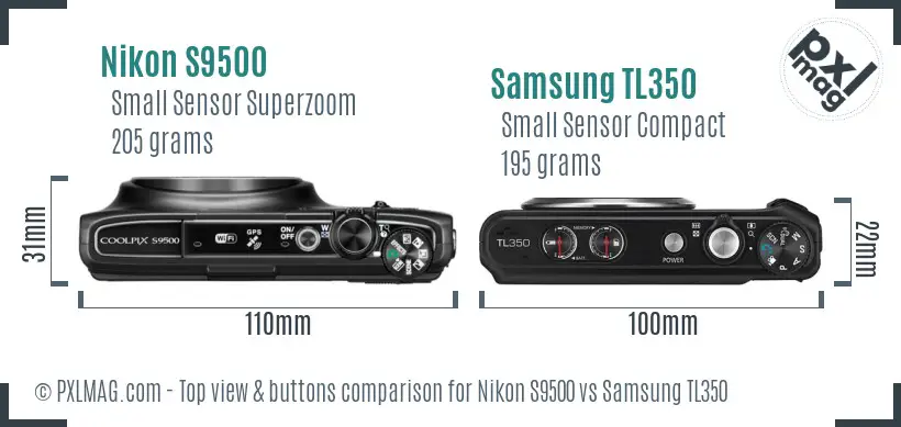 Nikon S9500 vs Samsung TL350 top view buttons comparison