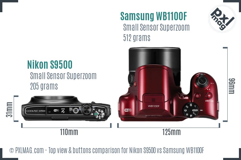 Nikon S9500 vs Samsung WB1100F top view buttons comparison